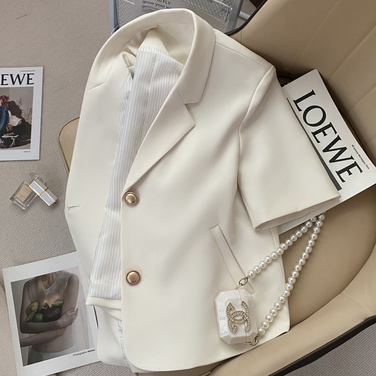 Off-White Short-Sleeve Blazer for Women 2023 Summer New Trend Commute Petite Cropped Jacket