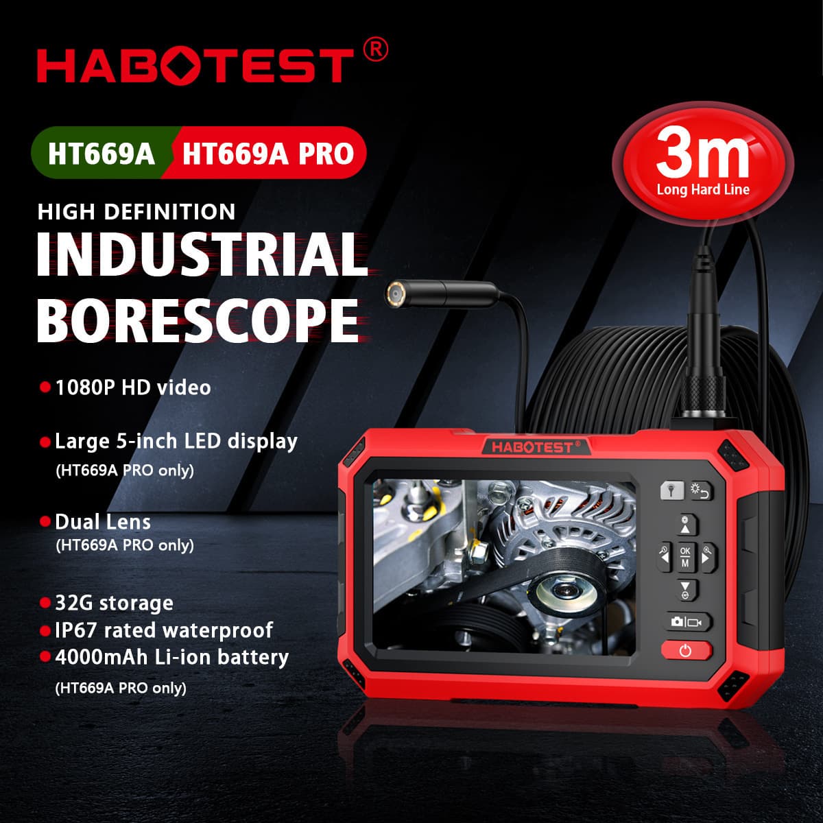 Habotest HT669A/Pro Industrial Endoscope HD Camera Industrial Pipeline Inspection Instrument