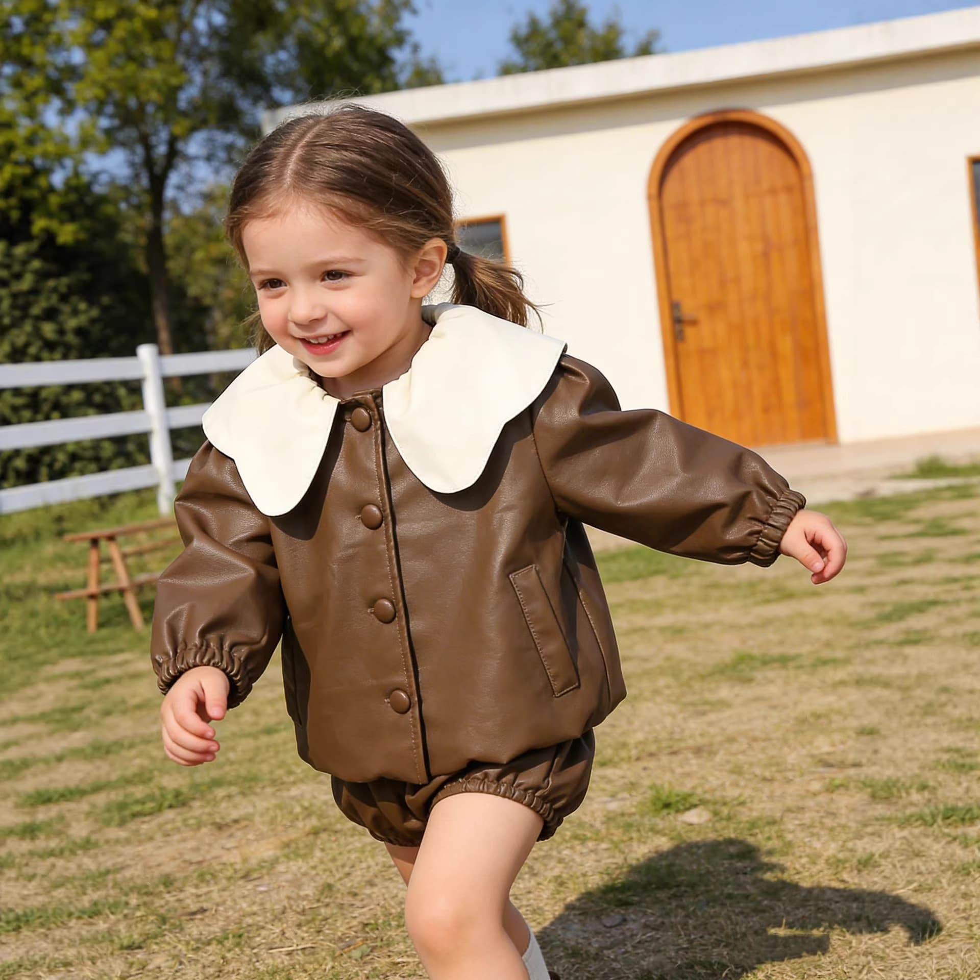 Overseas wholesale cute girls' leather jacket with Peter Pan collar and lace trim sweet outerwear