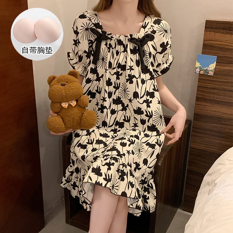 Cross-border pajamas for women in summer with padded short-sleeved bubble cotton nightgown, sweet and cute thin home clothes that can be worn outside