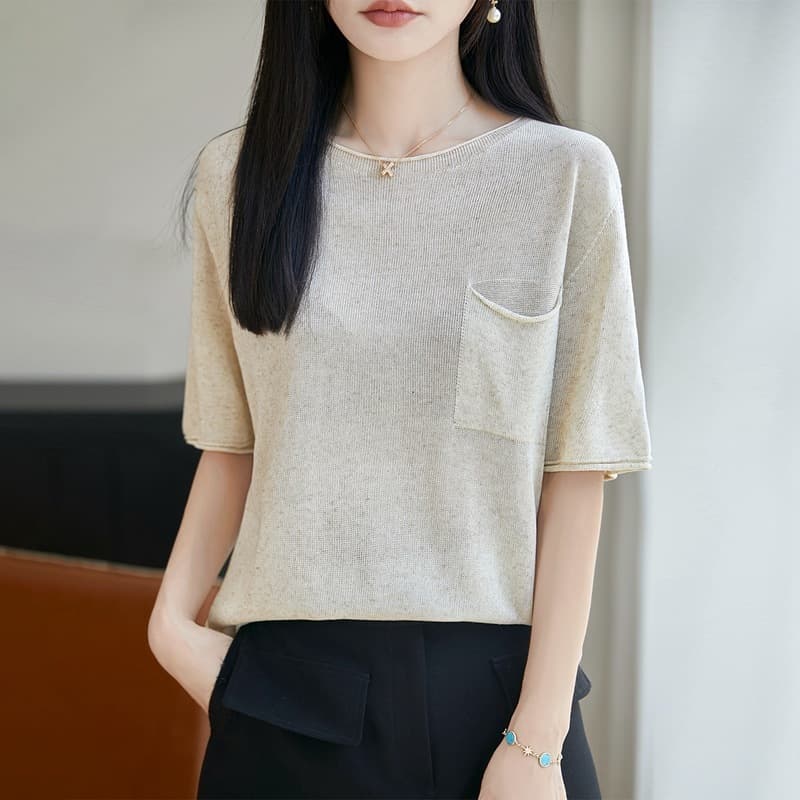 Summer New Round Neck Seamless Short Sleeve Knit Top Women's Loose Curled Hem T-Shirt Women's Elegant Thin Blouse