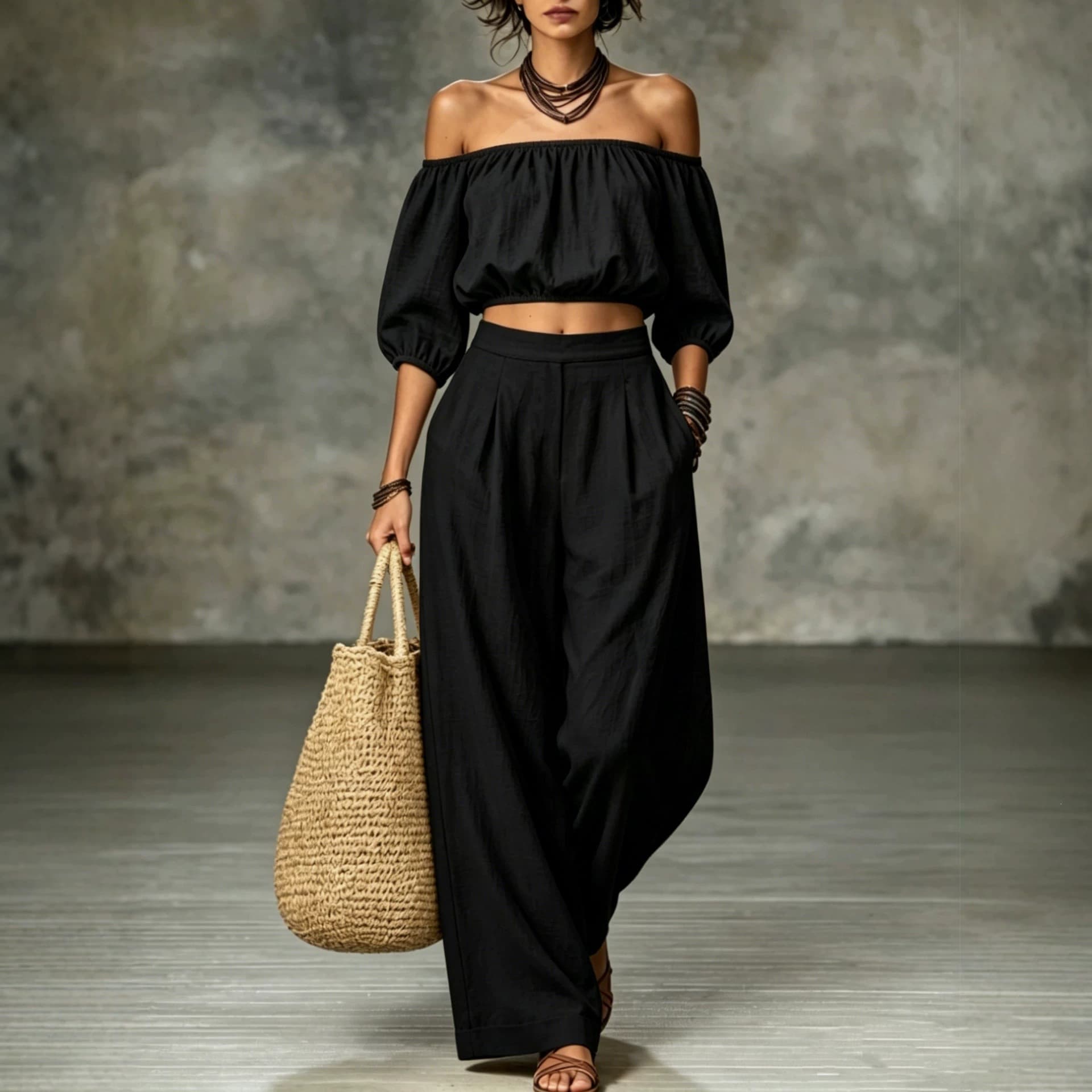 European and American Cross-border 2026 New Off-Shoulder Lantern Sleeve High-Waist Wide-Leg Pants Two-Piece Set Casual Solid Off-Shoulder Women's Suit