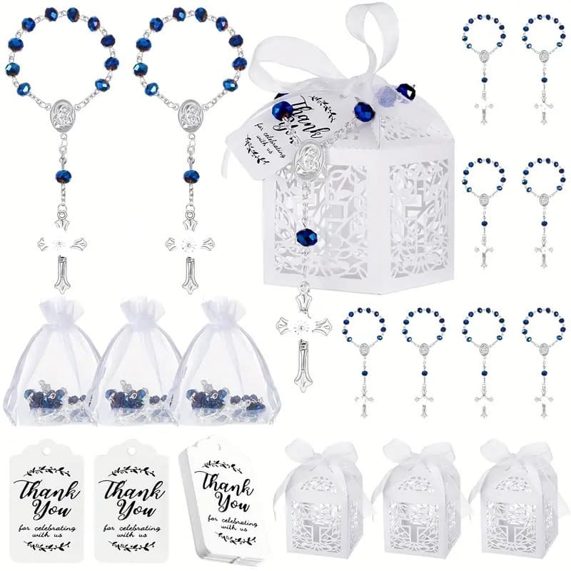 Cross-border baptismal communion cross rosary blue imitation crystal prayer bracelet party gift set for men and women