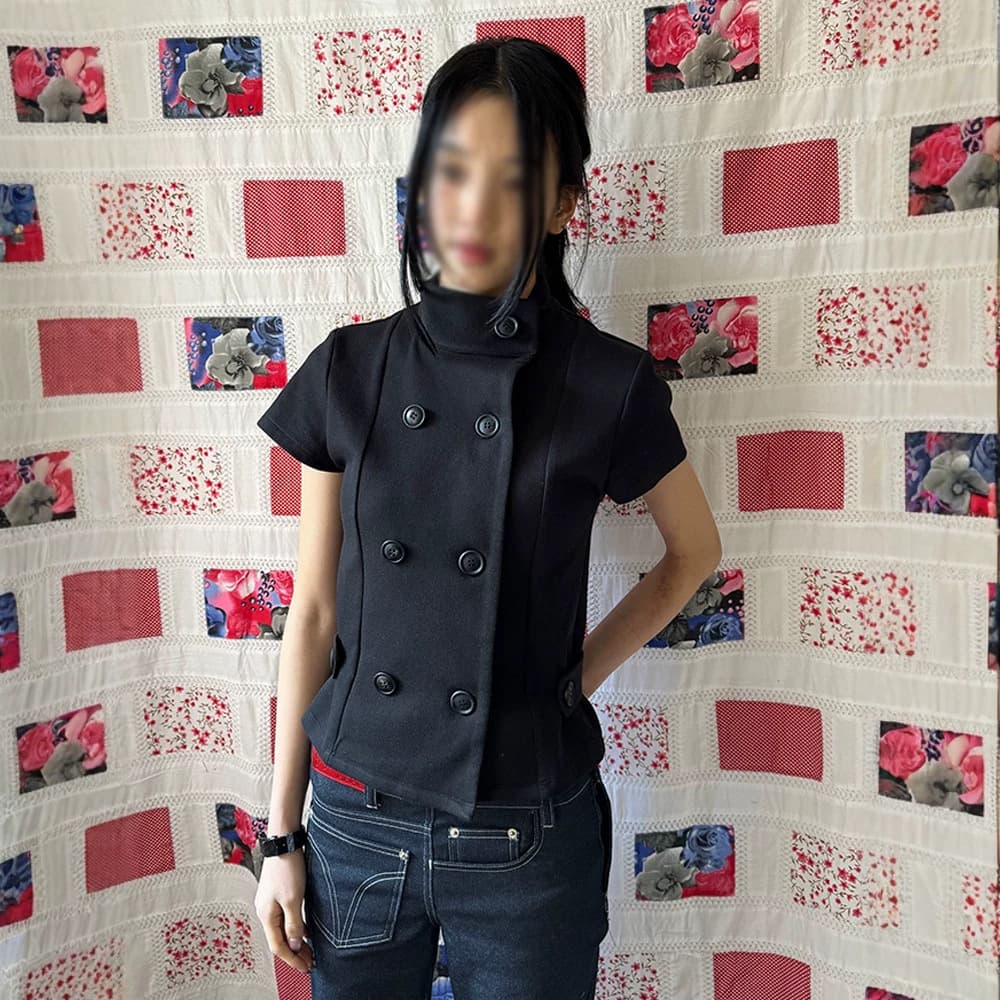 Y2K New Women's Ins Korean Street Stand Collar 2026 Summer Button Versatile Stand Collar Waist-Cinching Gothic Style