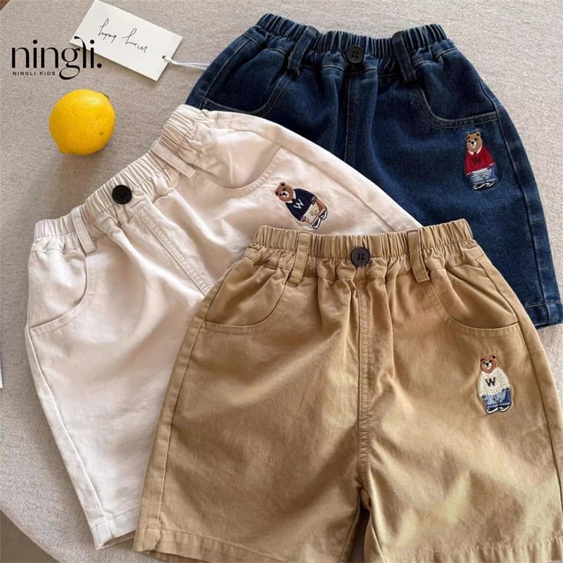 Ningli Kids Shorts Summer Boys Girls Japanese Street Style Bear Embroidery Denim Jeans Baby Fashionable Five-Point Casual Pants