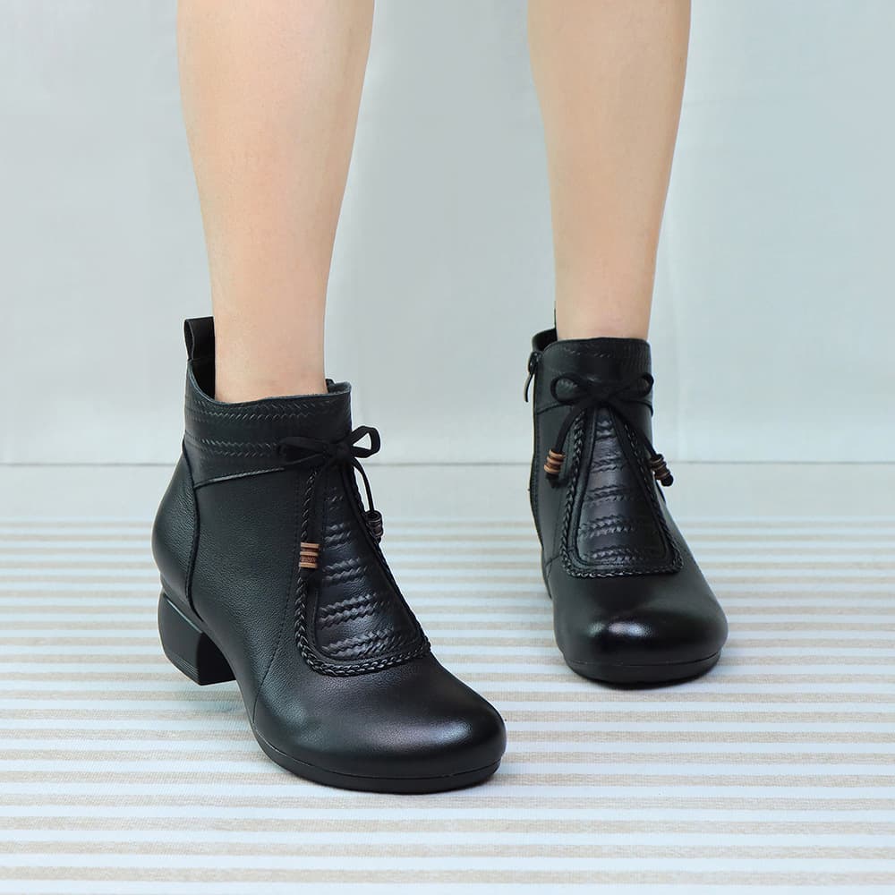 Spring and Autumn New Genuine Leather Cowhide Ethnic Style Retro Comfortable Anti-Slip Round Toe Mid Heel Soft Sole Mother Shoes Women's Shoes