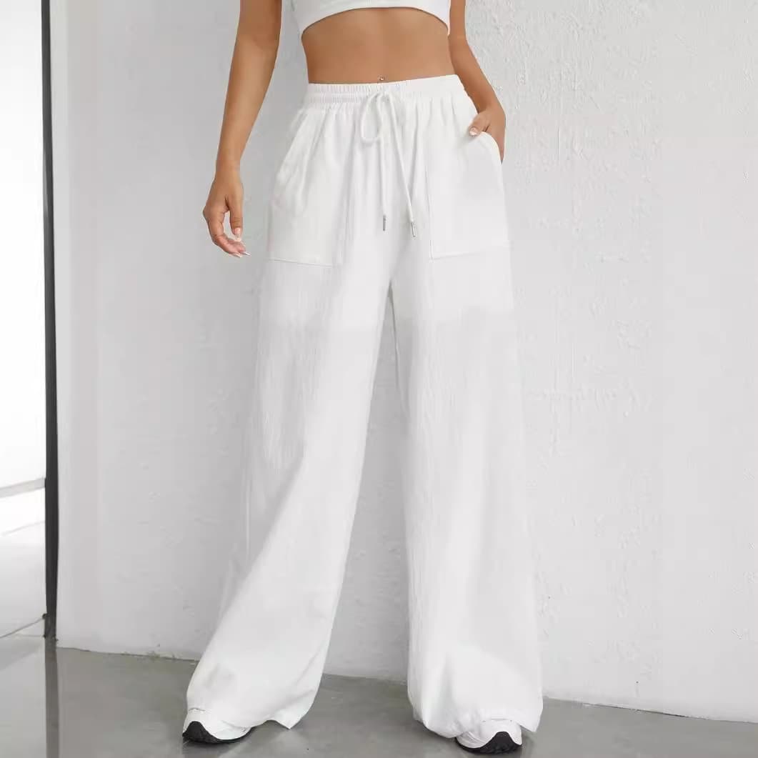 2025 Amazon Cross-border Foreign Trade European and American New Women's Casual Solid Color Drawstring Straight Leg Flared Pocket Casual Pants