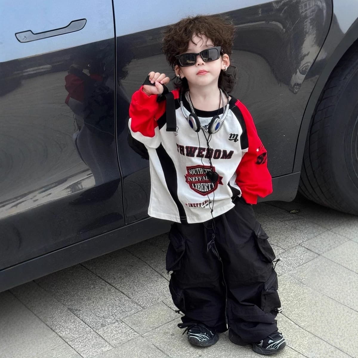 Cool Boy Long Sleeve T-Shirt 2026 New Spring Fashion Motorcycle Style Color Block Printed Pure Cotton Toddler Top