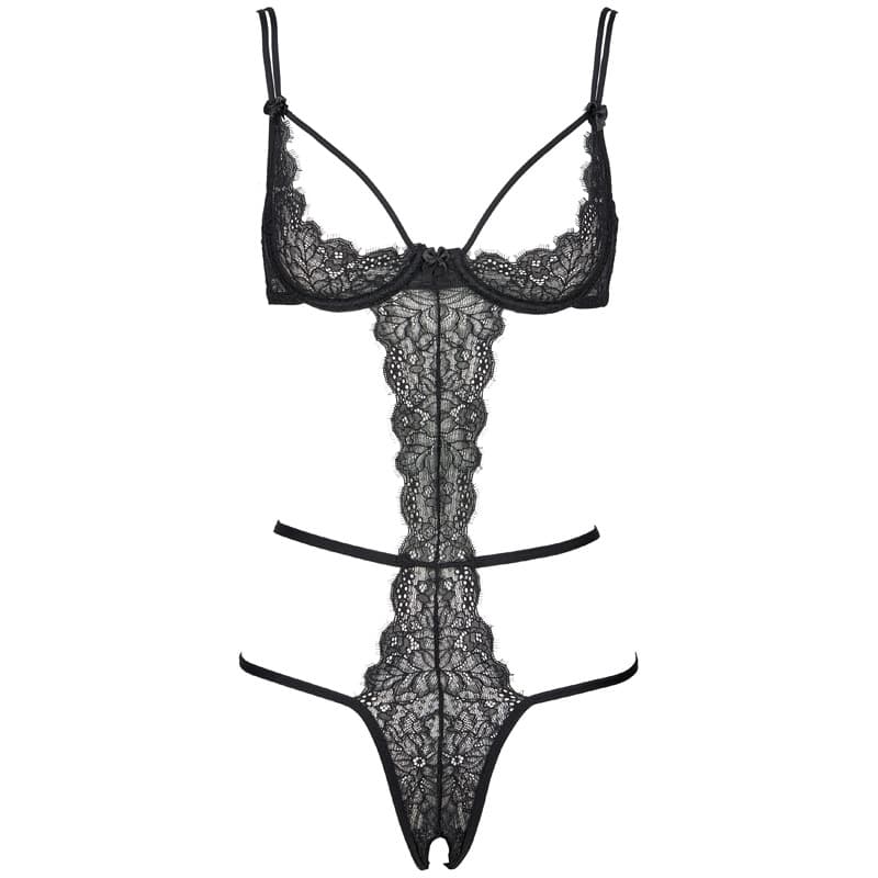 FQ2736 Lace Eyelash Bodysuit Sexy Lingerie with Removable Pads, Hollow-out Thin Straps, Underwire, No-removal Thong, Black