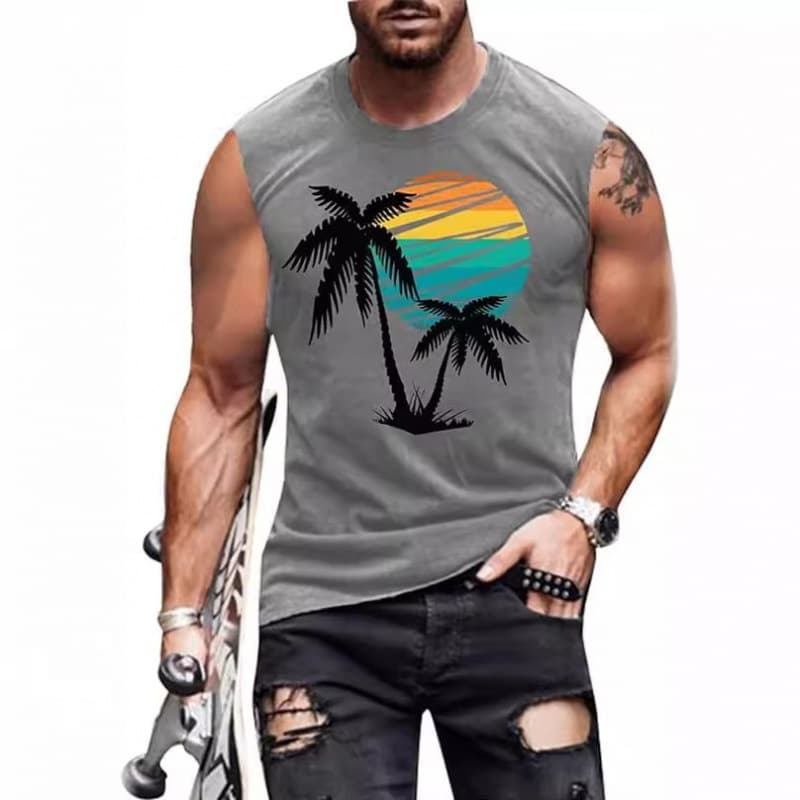 Cross-border Europe and America Men's Sun Coconut Tree Series Sleeveless T-Shirt 3D Print Vest Drop Shipping T-Shirt