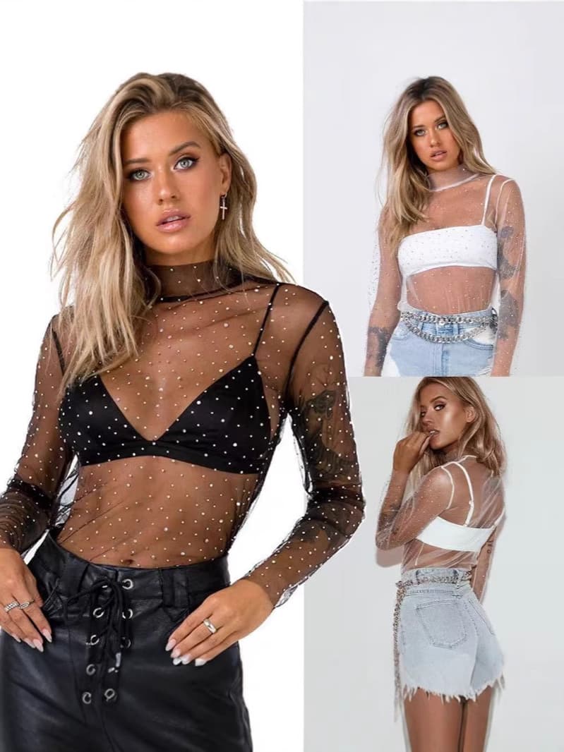European and American foreign trade new fashion sexy sequined blouse mesh long-sleeved top