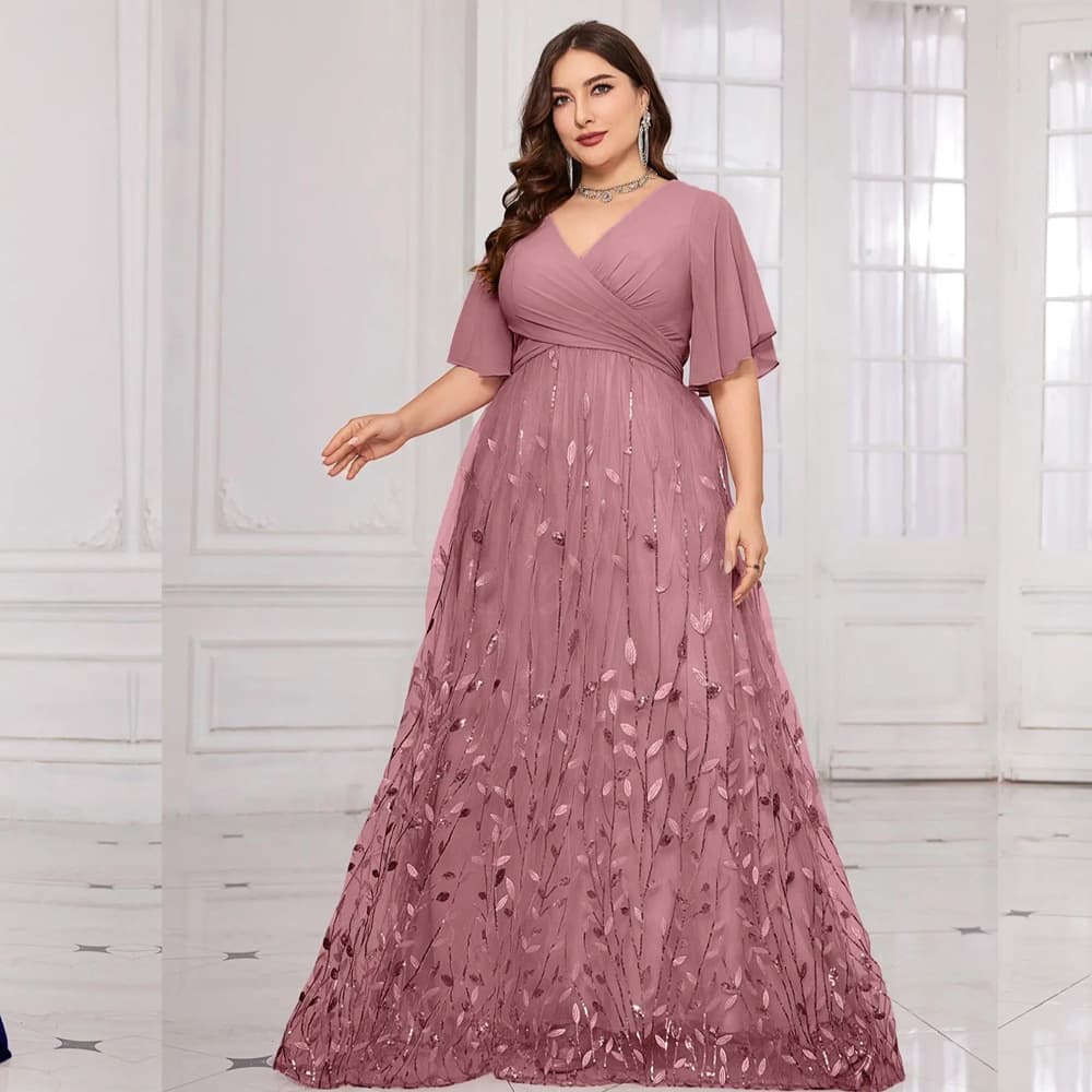 European and American cross-border plus size women's elegant V-neck short-sleeved evening dress embroidered mesh bridesmaid dress long banquet mother's dress