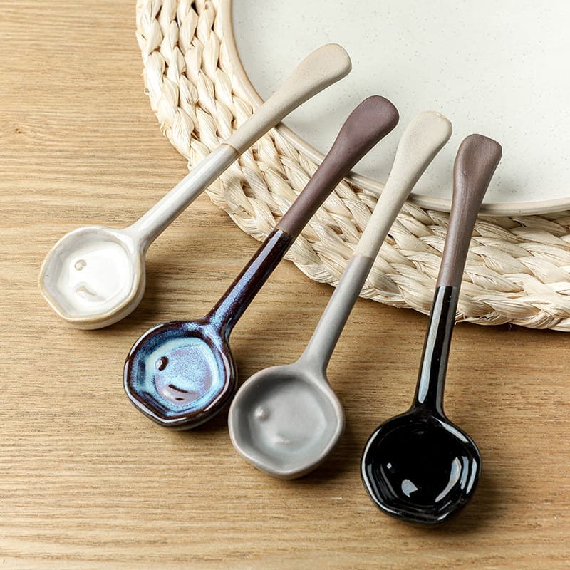 Japanese-style coarse pottery afternoon tea coffee stirring spoon, vintage ceramic small spoon, long-handled, handmade for home kitchen use