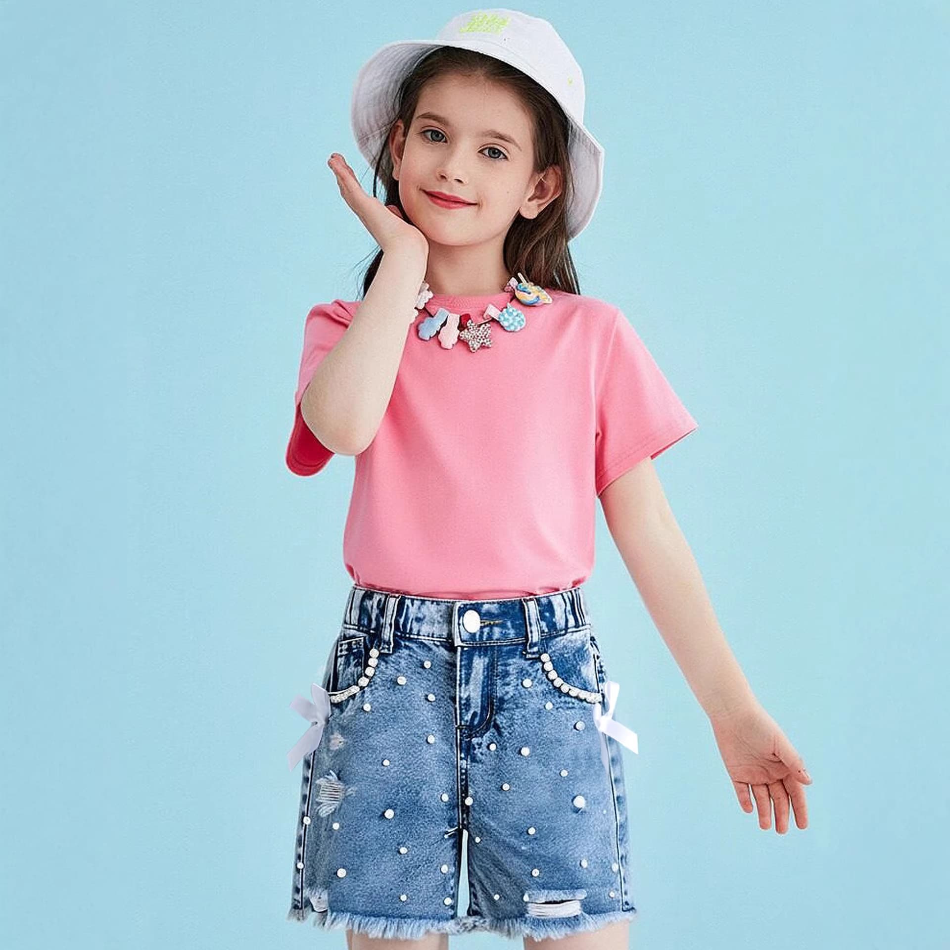 Summer Children's Clothing Wholesale Rhinestone Ripped Distressed Butterfly Knot Cute Girl Shorts Girls Denim Shorts