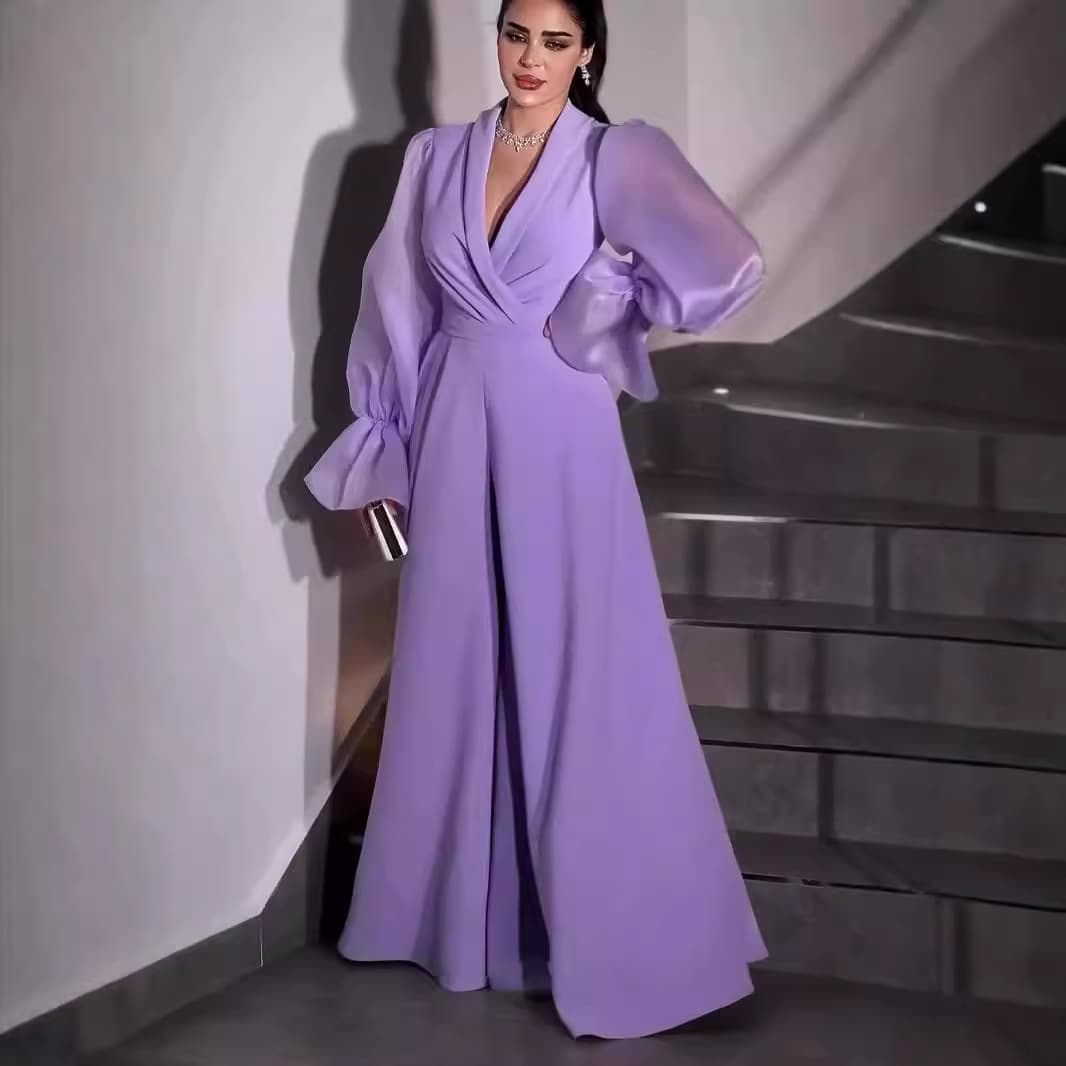 2024 Fall/Winter New Arrival Export Women's Elegant Solid Color Chiffon Patchwork Lantern Sleeve Dress