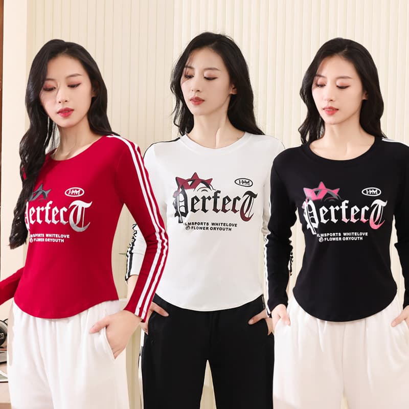 2502 Women's Round Neck Ribbed Long Sleeve Top Square Dance Clothing Women's Dance Wear