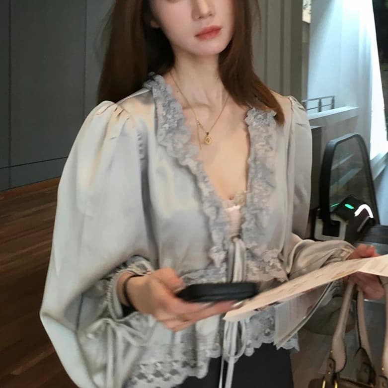 Early spring design lace slimming casual versatile commuting skin-friendly shirt tops women's belly-covering shirts