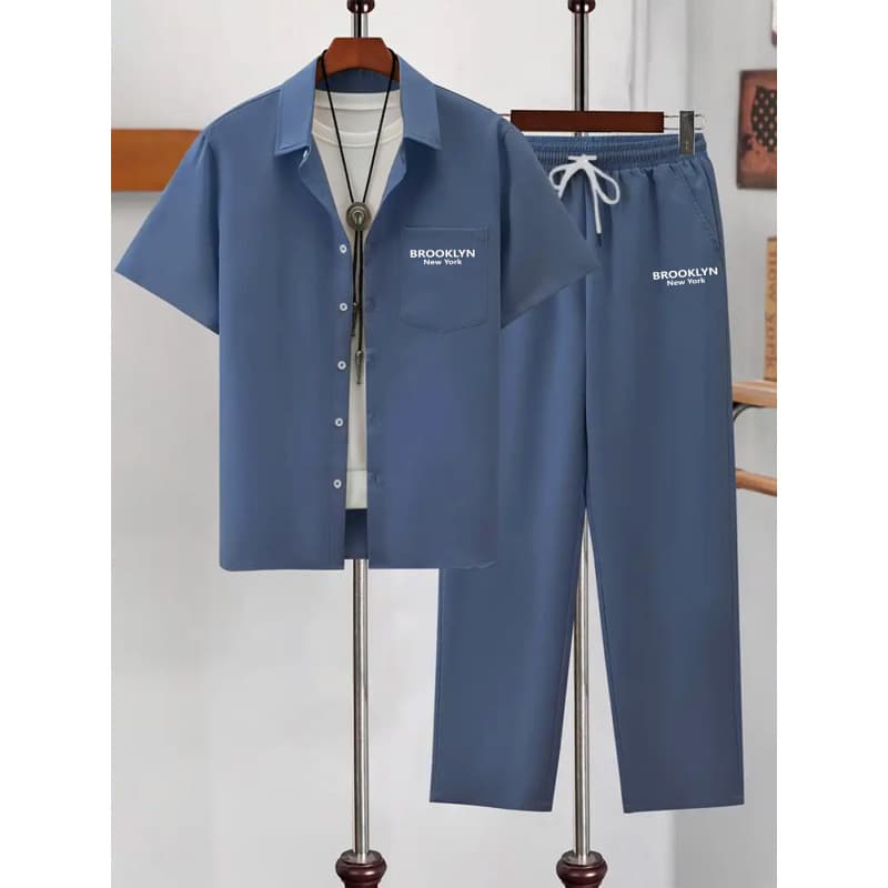 Amazon Cross-border Men's Shirt Set with Contrast Collar, Solid Color Letter Print Short Sleeve and Long Pants, Comfortable Casual Men's Suit