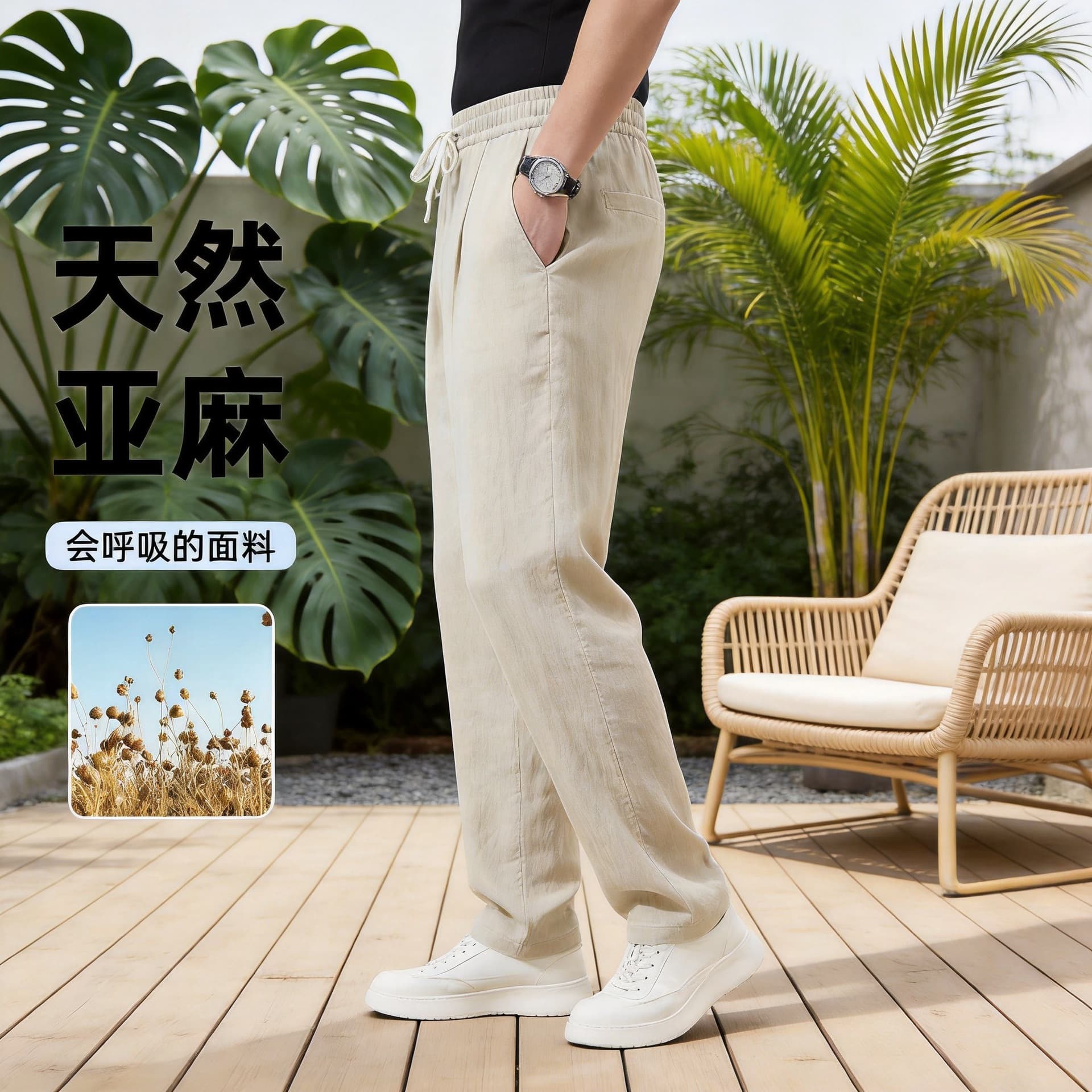 Tencel Linen Pants for Men Summer Elastic Waist Straight Leg Trousers Fashionable Long Pants Slightly Stretchy Men's Casual Pants Wholesale