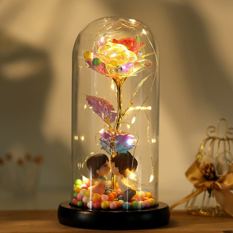 Colorful Gold Foil Flower Artificial Rose with Lights in Glass Dome Gift Box Set, Valentine's Day Wholesale, Qixi Festival