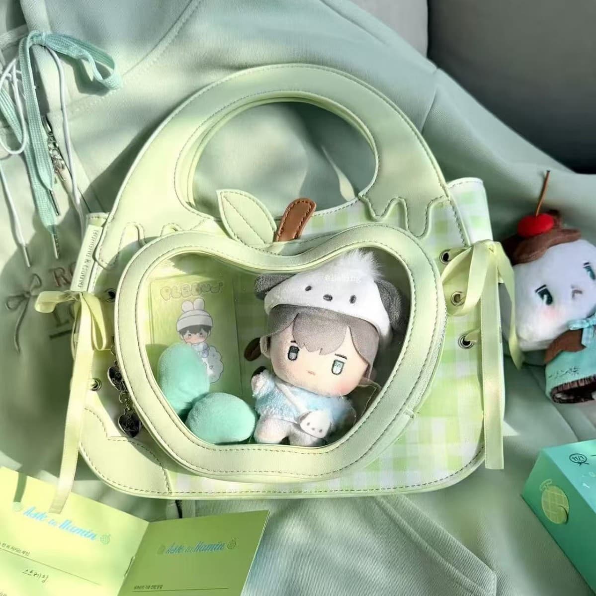 Plaid Apple-Shaped Transparent Doll Bag, Red and Green, Handbag, Shoulder Bag, Crossbody Bag, Versatile Cute Doll Going Out Bag for Girls