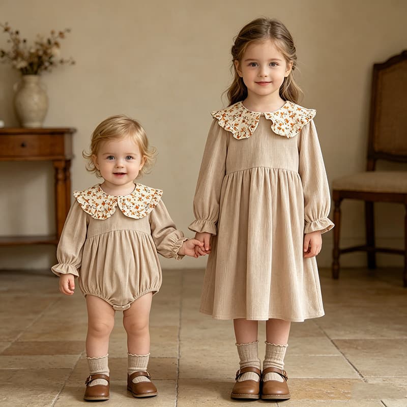 Girls' Dresses Spring and Autumn New Floral Collar Girls' Dresses Infant and Toddler Romper Clothes Children's Sisterhood Clothes