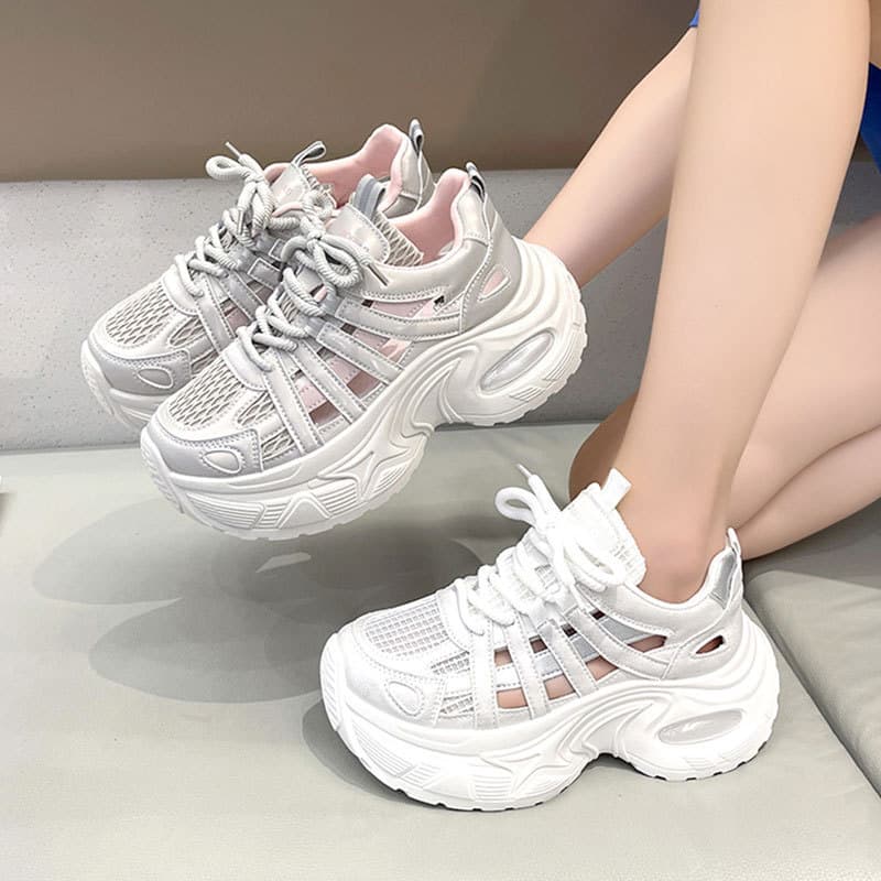 Thick-Soled Platform Hollow Breathable Dad Sneakers for Women 2026 Fall Spring Summer Mesh Casual Sports Shoes Closed-Toe Sandals