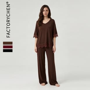 Cross-Border Fashion Set Loose V-Neck Lace Pajamas Women Summer Modal Loose Short Sleeve Long Pants Homewear Set