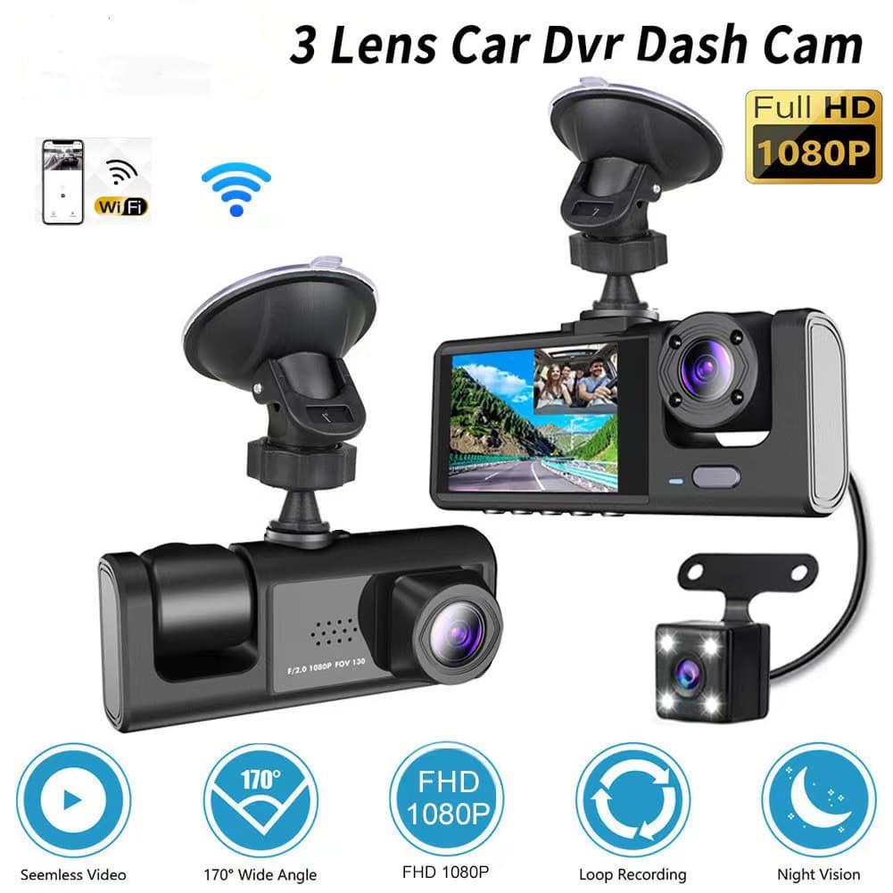 High-definition 1080P 2-inch screen dashcam with three lenses simultaneously displaying the reversing image, mobile phone WIFI, and in-car DVR.