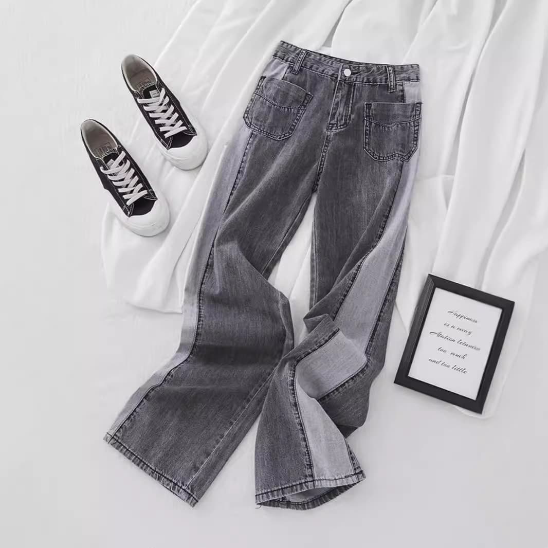 Retro wide-leg jeans for women spring and autumn 2024 new slim high-waist drape design spliced straight pants