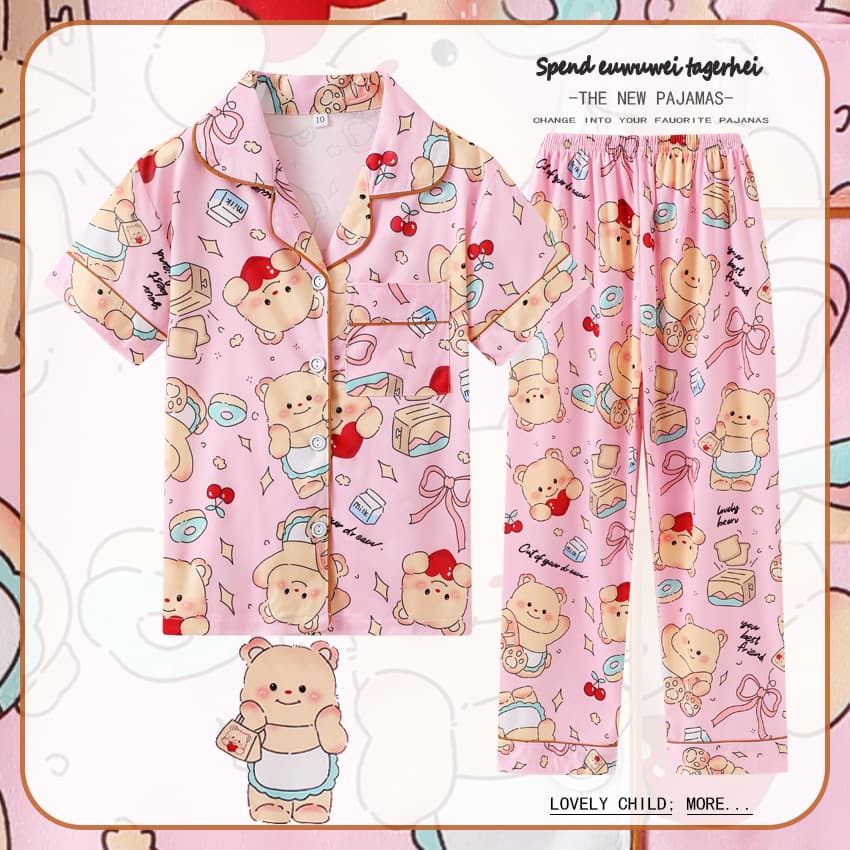 Girls' Pajamas Summer Short-Sleeved Long Pants Cartoon Cute Little Girl Thin Lapel Cardigan Air-Conditioned Home Wear Outerwear