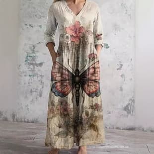 2026 European and American Cross-border Amazon TEMU Y2 Women's Fashion V-Neck Snowflake Print Long Sleeve Dress TK
