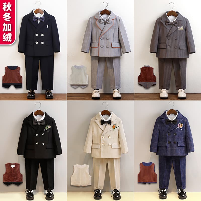 Autumn and Winter Children's Fleece Suit Boys' Thickened Small Suit One-Year-Old Flower Boy Dress Boy Piano Host Performance Suit