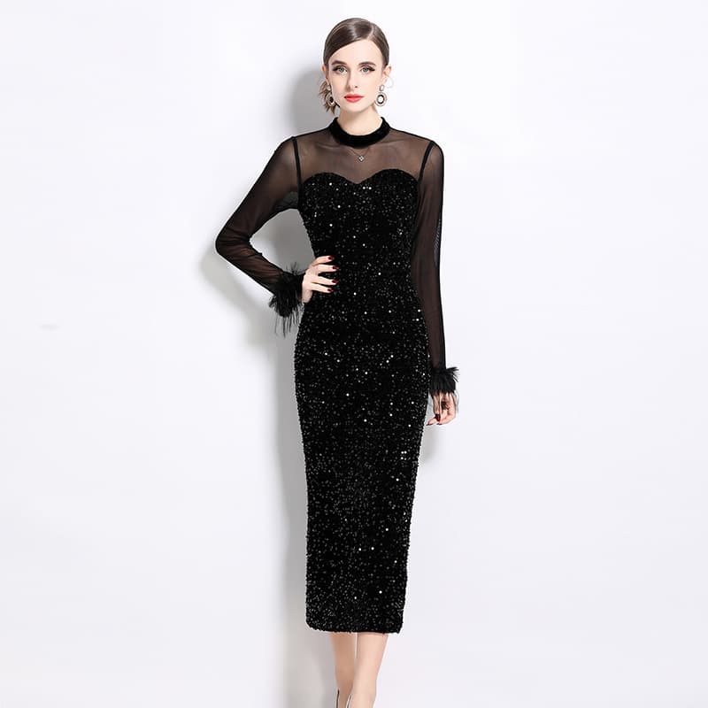 Elegant and sophisticated women's dress, 2025, sexy see-through mesh sleeves with fur trim and sequined velvet.
