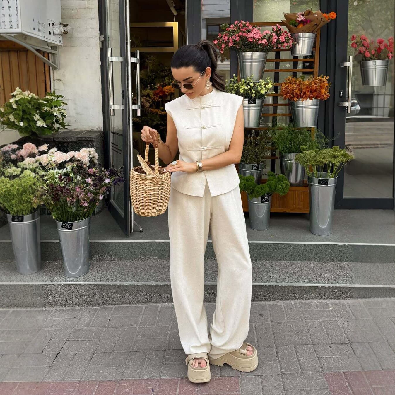 2026 Cross-Border New Chinese Style Vest Wide Leg Pants Suit for Women Fashionable Casual Sleeveless Tank Top Two-Piece Set High-End Sense