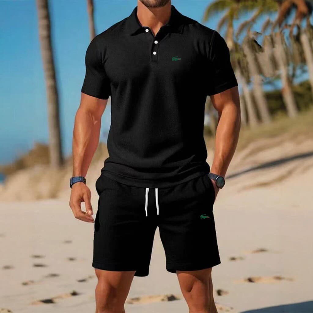 2026 Summer Men's Black Short Sleeve Polo Shirt + Shorts Casual Sport Set, Simple Fashion, Quick-Dry Breathable