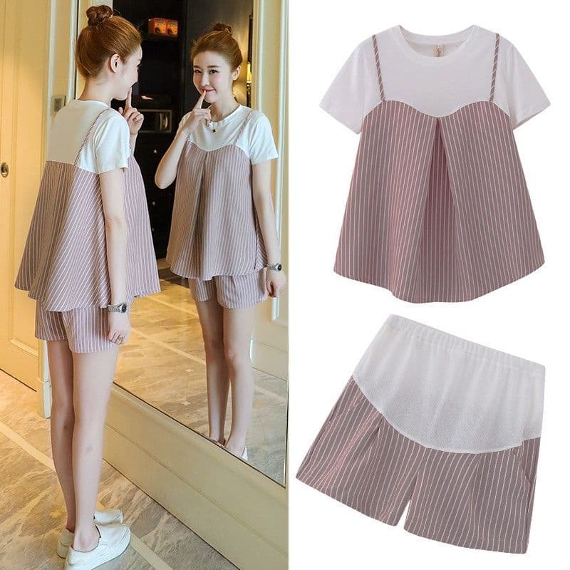 Maternity Two-Piece Set Spring Summer Loose Short Sleeve Striped Supportive Pants Comfortable Casual Korean Style Polyester