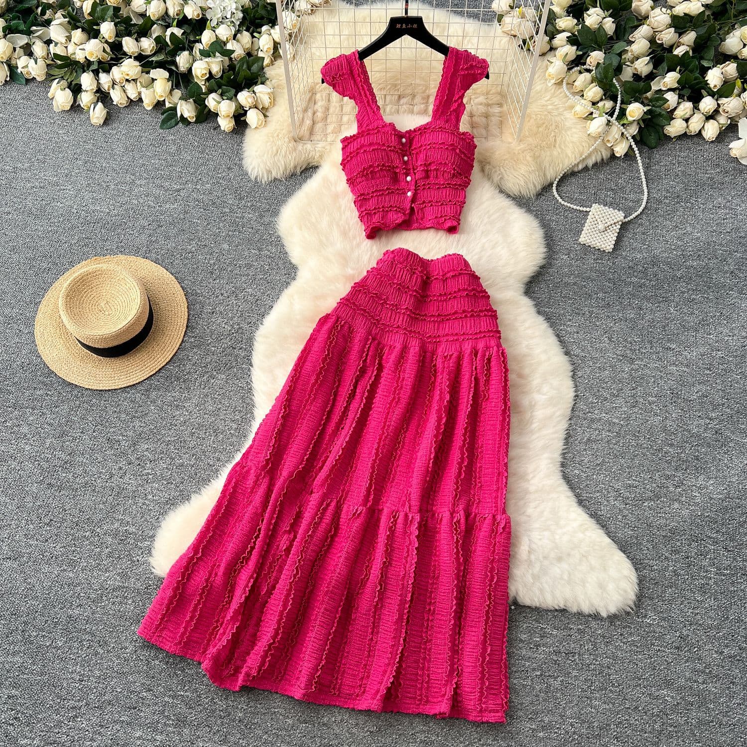 Youthful Fresh Spring/Summer Vacation Style Short Butterfly Sleeve Camisole Top + High-Waist Pleated Skirt Two-Piece Set