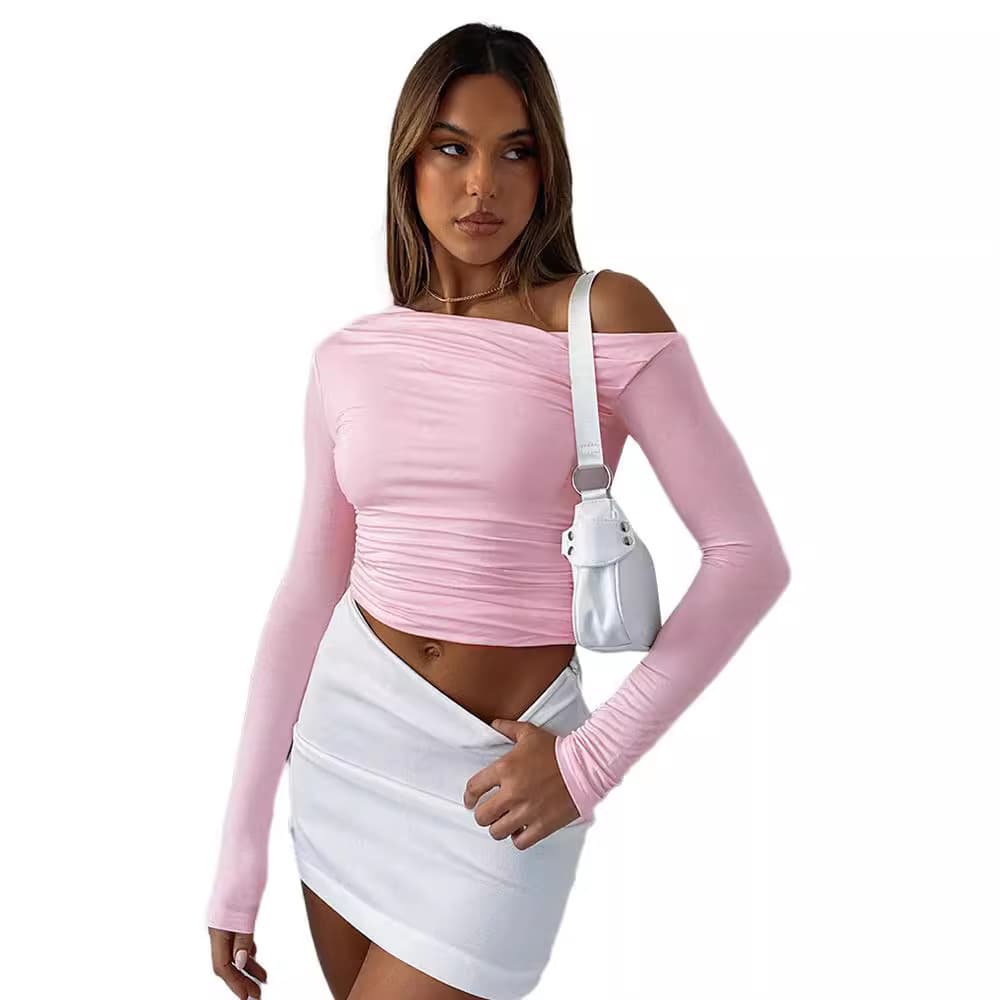 2024 European and American Cross-Border Women's Spring New Solid Color Off-Shoulder Long Sleeve Shirred Crop Top T-Shirt