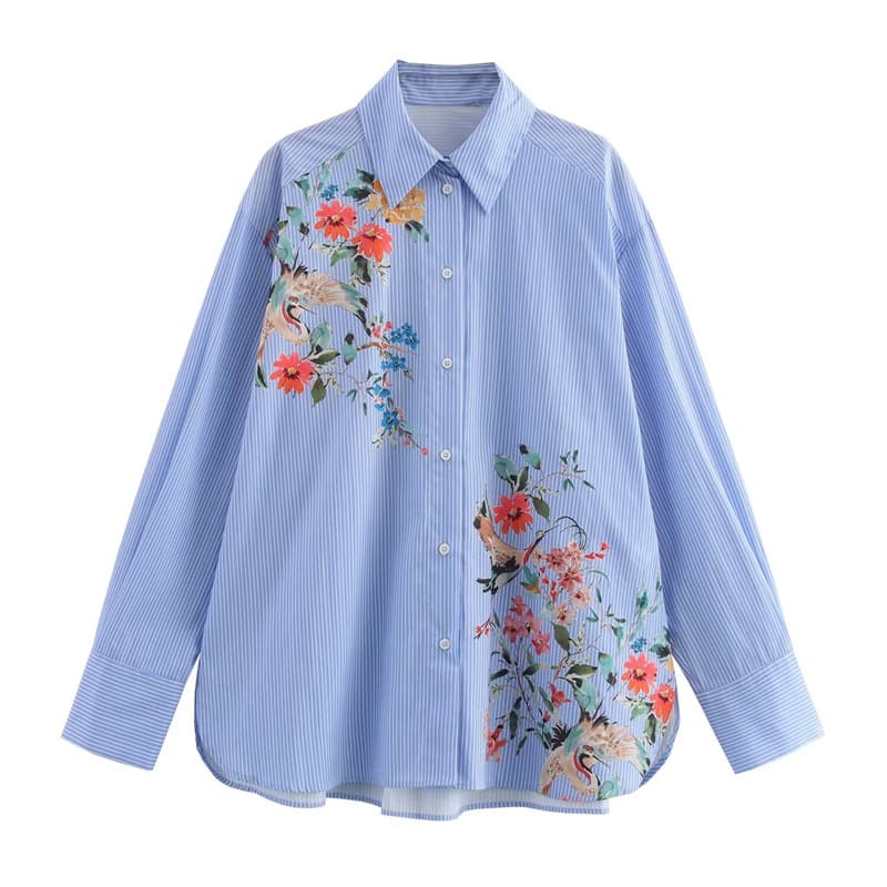 Wholesale New Autumn/Winter European and American Style Fashion Floral Print Turn-down Collar Striped Loose Shirt 8555804