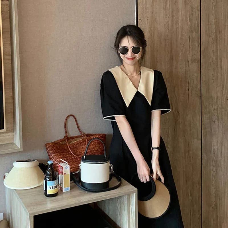 Plus Size Women's French V-Neck Dress Summer Little Black Dress High-End Waist-Cinching Slimming Long Dress