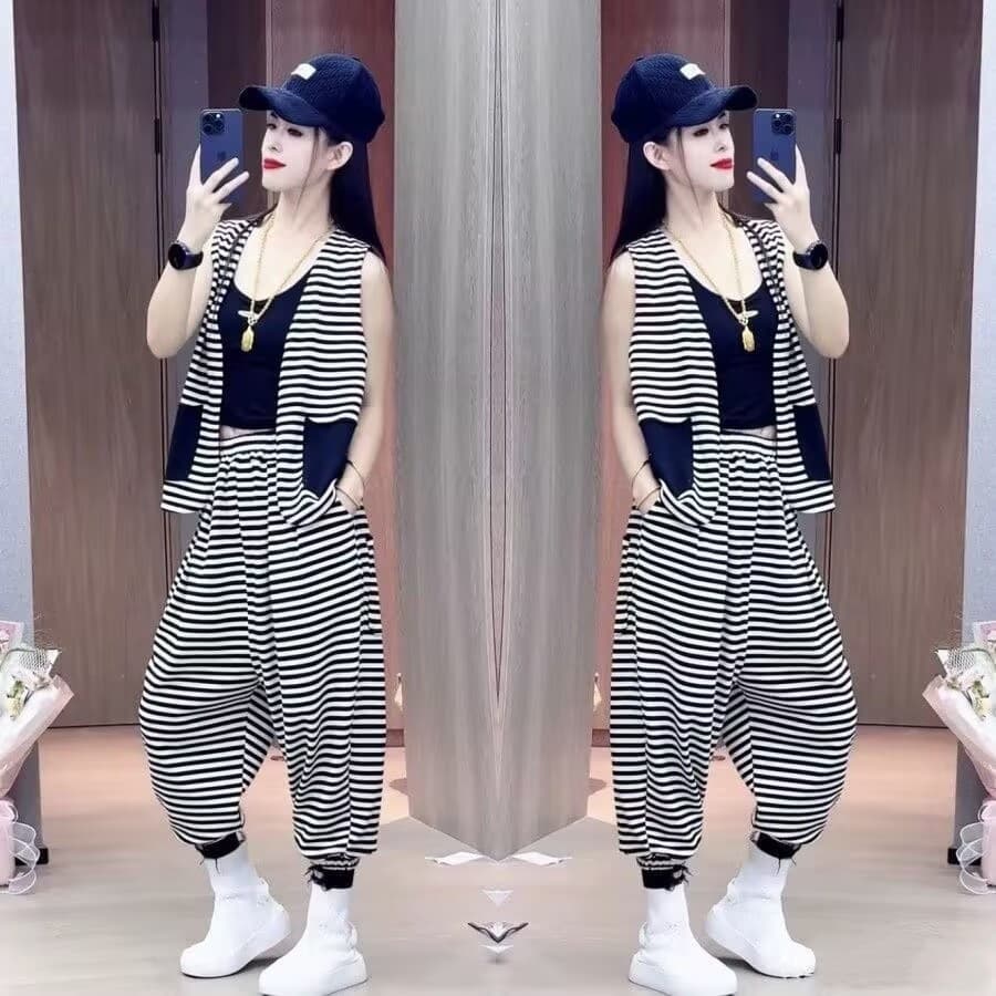 Summer New Vest Harem Pants Three-Piece Set Slim Casual Fashion Loose Striped Set for Women