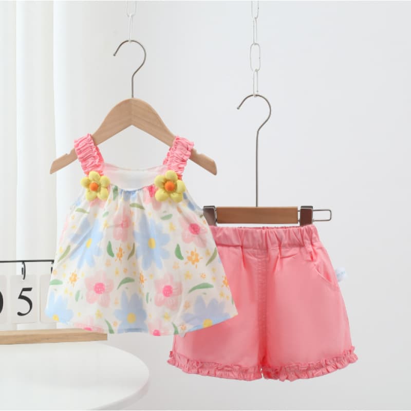 Girls Set Floral Print Sleeveless Top Pink Lace Shorts Summer Breathable Baby Toddler Girls Clothing