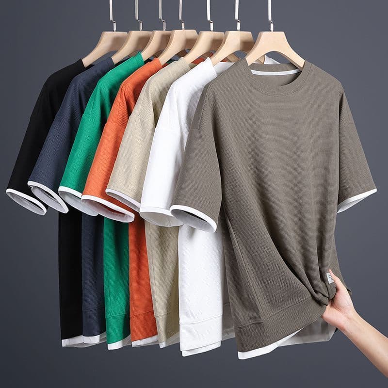 2024 Summer Walf Checks Short Sleeves T-Shirt Men's Spliced Round Neck Two-Piece Illusion Loose Fit Pullover Body Shirt For Men