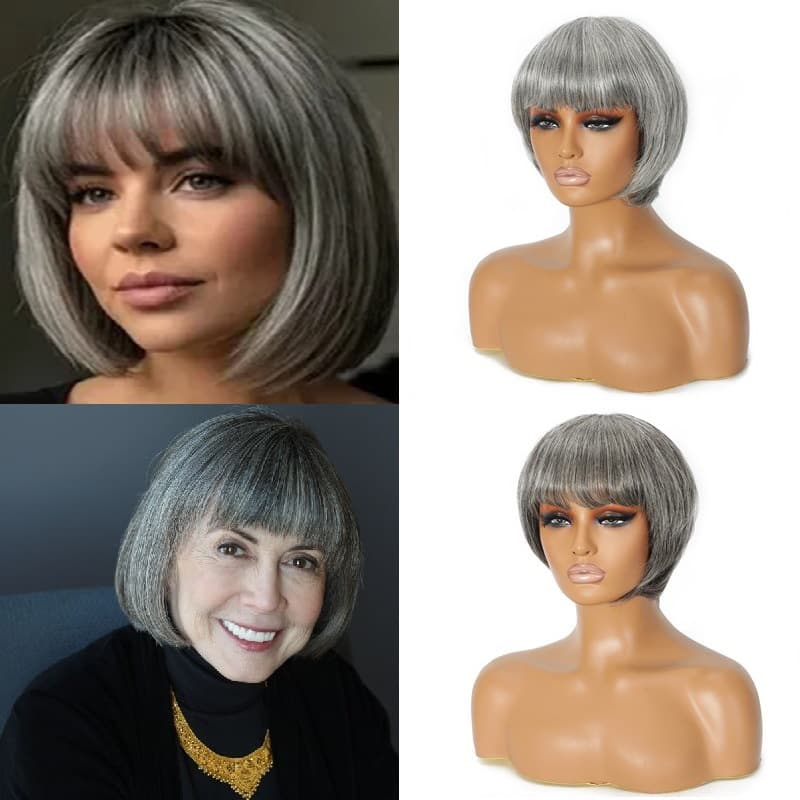Real Human Hair Full Wig Machine-Made Short No Lace Dark Gray Light Gray Granny Gray Bob Bob Haircut