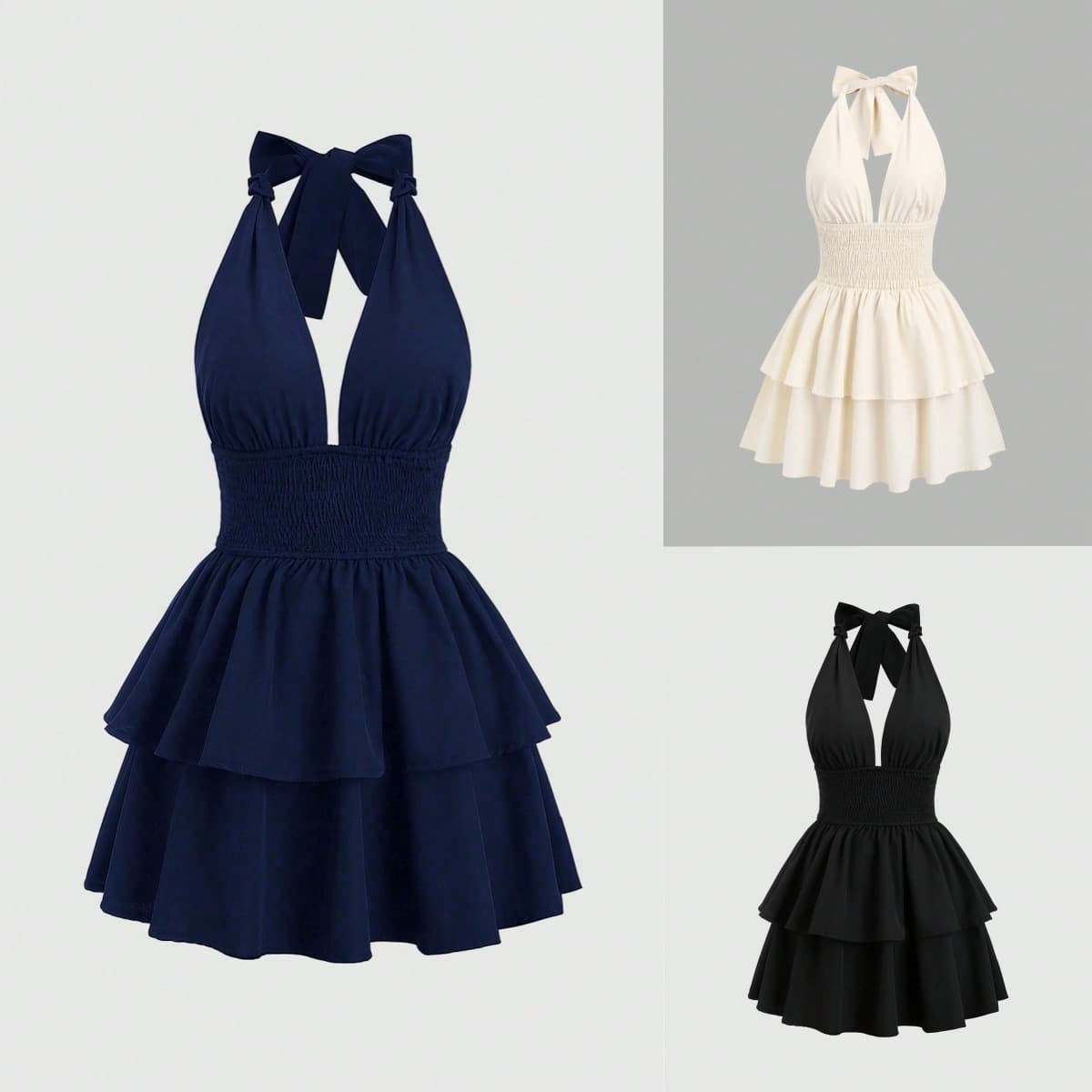 2026 Waist-Cinching Solid Color Ruffle Halter Dress for Women Summer Short Dress with Bow Tie Strap Slim Fit Bodycon Dress