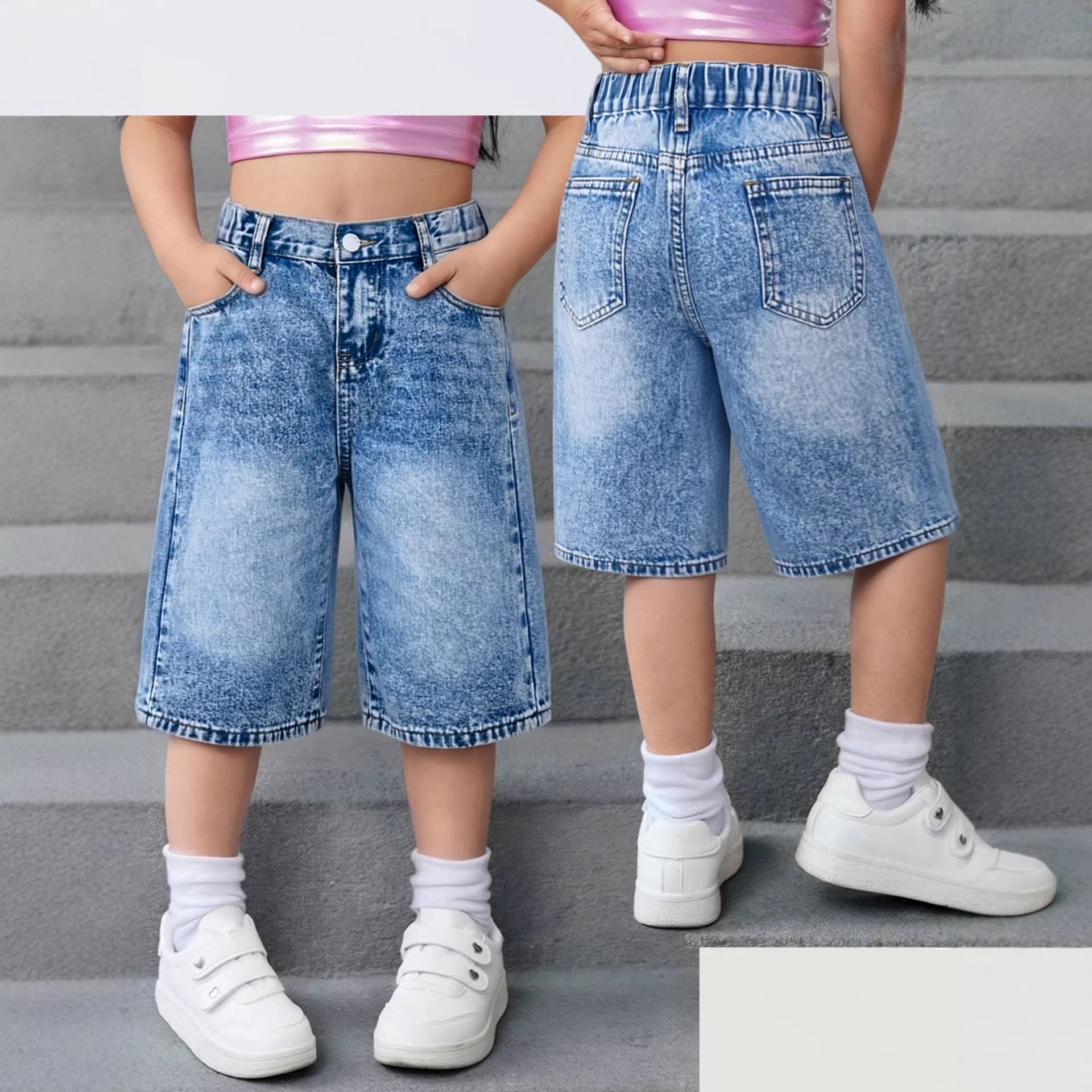 Girls' denim medium trousers fried flower craft summer elastic waist zipper style cross-border children's trousers batch cross-border small order ready stock