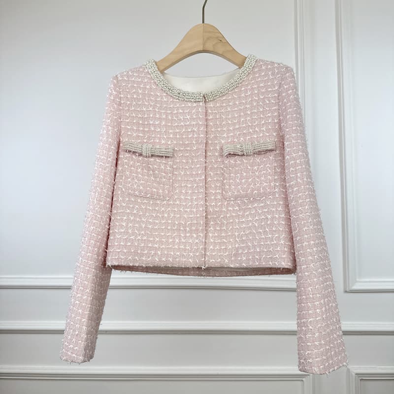 2025 Spring New Pink Chanel-Style Women's Tweed Short Jacket, Luxury Elegant Petite Fit Height-Enhancing