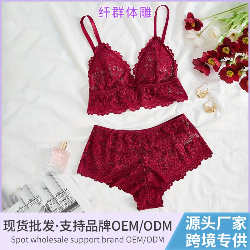 Cross-border European and American style see-through lingerie set, French lace vest camisole, beautiful back bra, panties, thin