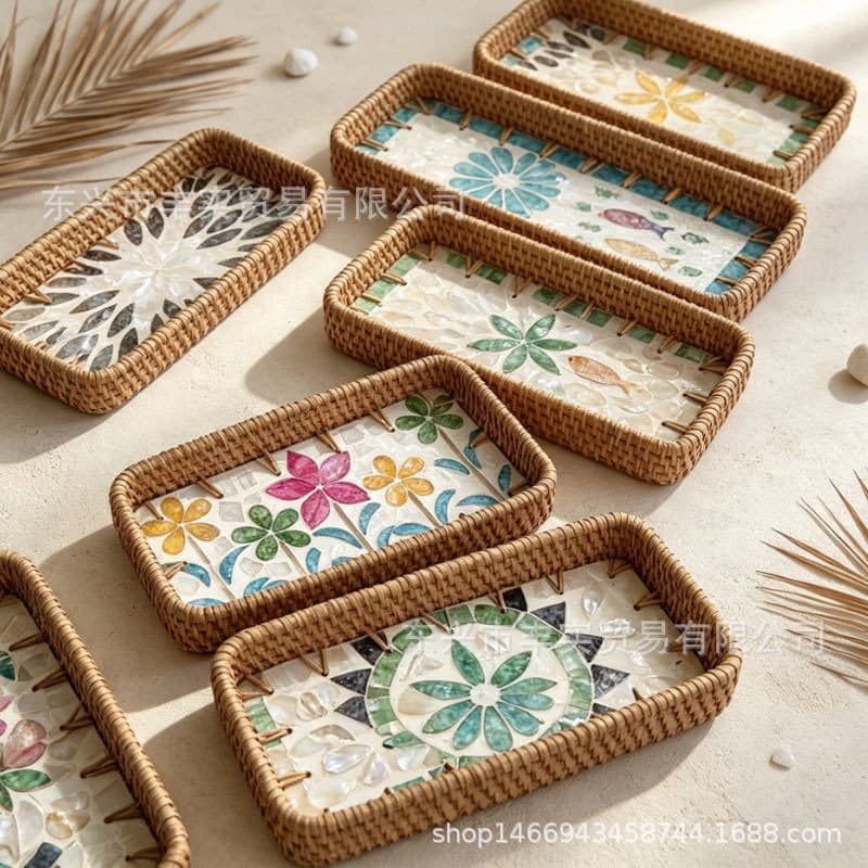 Vietnamese Rattan Woven Shell-Shaped Tray Small Rectangular Shell Holder for Snacks and Fruits Storage Basket